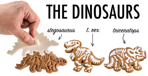 Create Stegosaurus, T. Rex, and Triceratop cookies with the Dig-Ins Dinosaur Fossil Cookie Cutters.